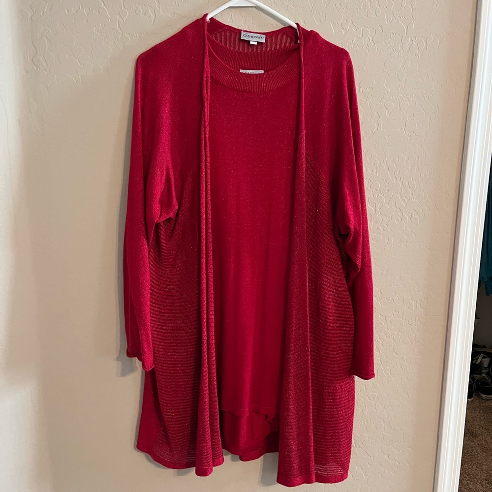 Women’s red sleeveless sweater with matching sweater jacket